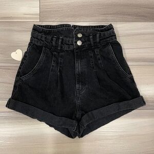 ZARA Paper-Bag High-Waist Black Denim Shorts Size 4 Pleats Pockets Cuffs
